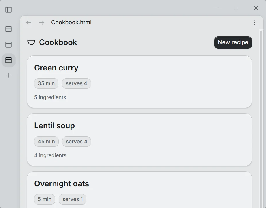 A second Slate window with the Cookbook app: recipe cards for Green curry, Lentil soup and Overnight oats.