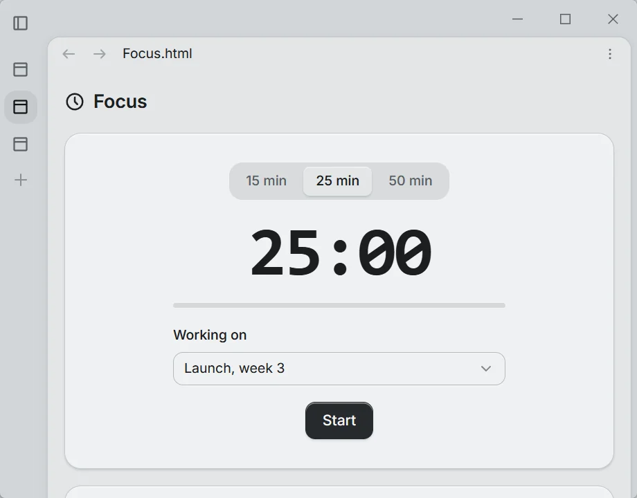 A third Slate window with the Focus app: a 25 minute timer and the project being worked on.
